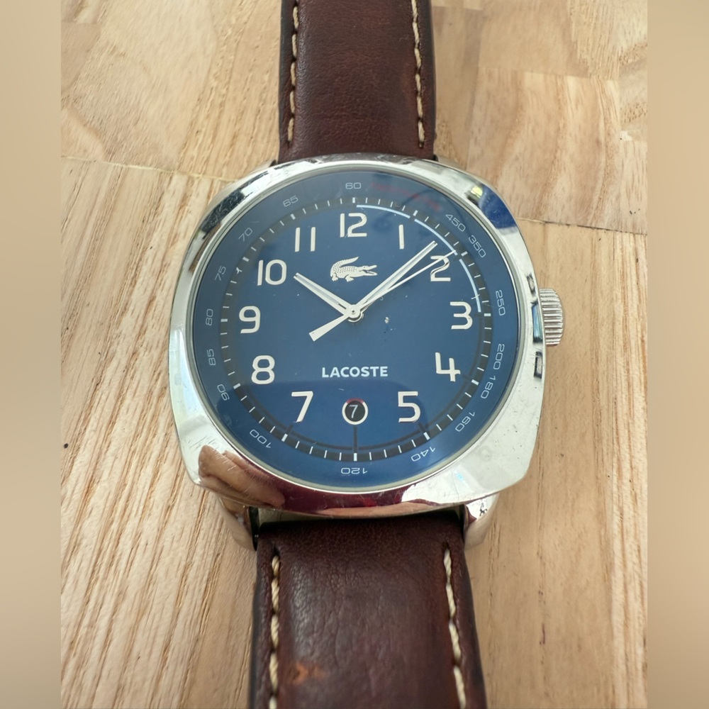 Lacoste mens blue dial silver tone brown leather watch NEW BATTERY